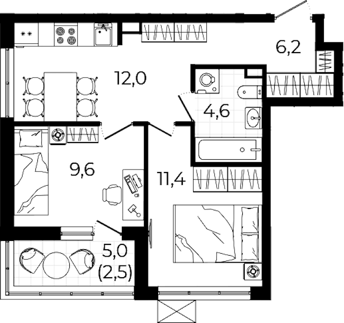2-комнатная квартира 46.3 м², 2/12 эт., ЖК «А101 Всеволожск»